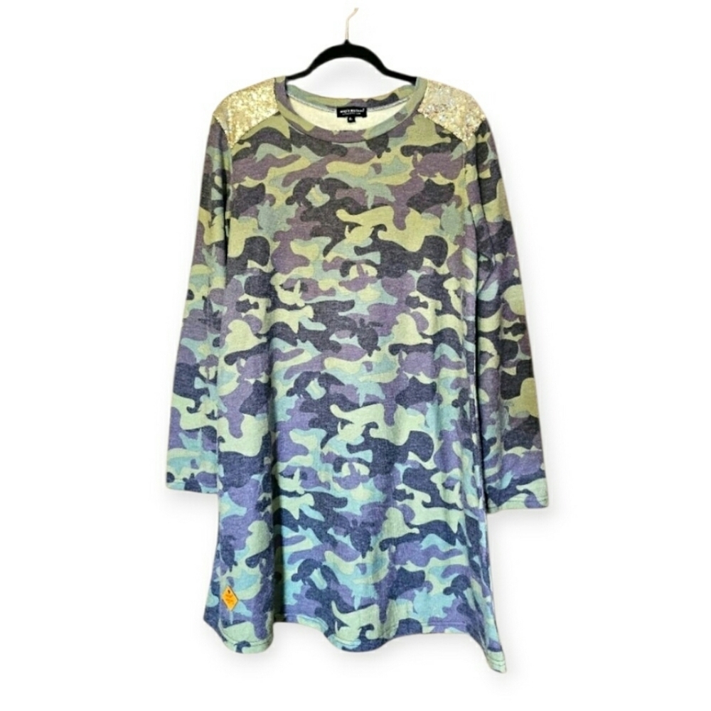 Simply Southern Camo Sweater Dress Gold Sequins on back Size XL